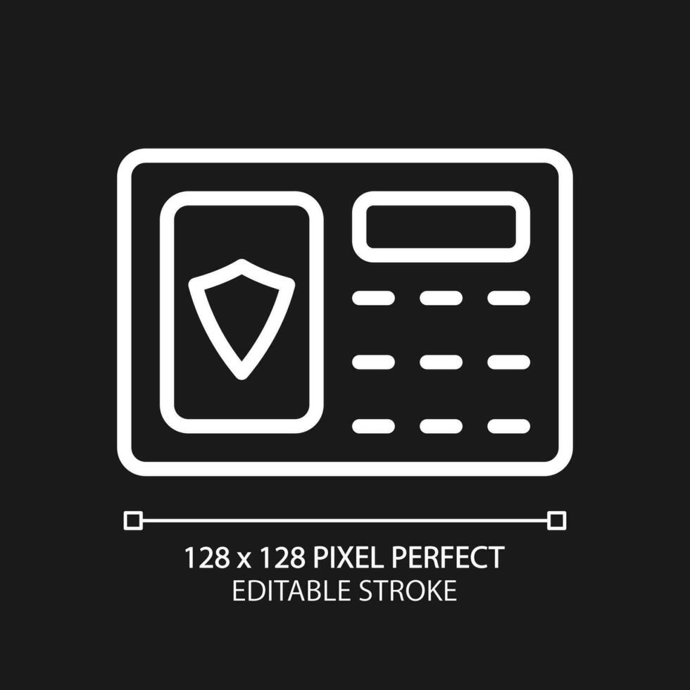 Security alarm pixel perfect white linear icon for dark theme. Detect intrusion. Burglary prevention. Automated system. Thin line illustration. Isolated symbol for night mode. Editable stroke vector