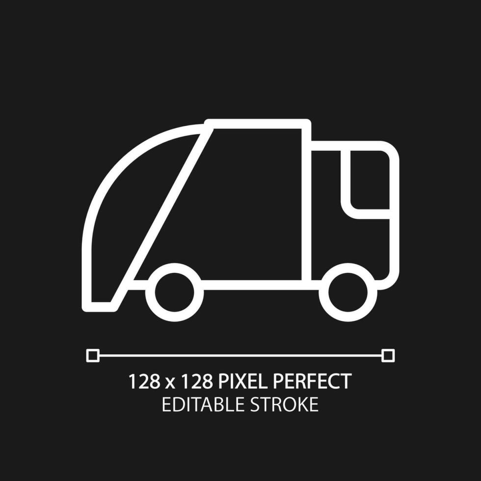 Waste disposal pixel perfect white linear icon for dark theme. Garbage management. Transportation of trash to landfill. Thin line illustration. Isolated symbol for night mode. Editable stroke vector