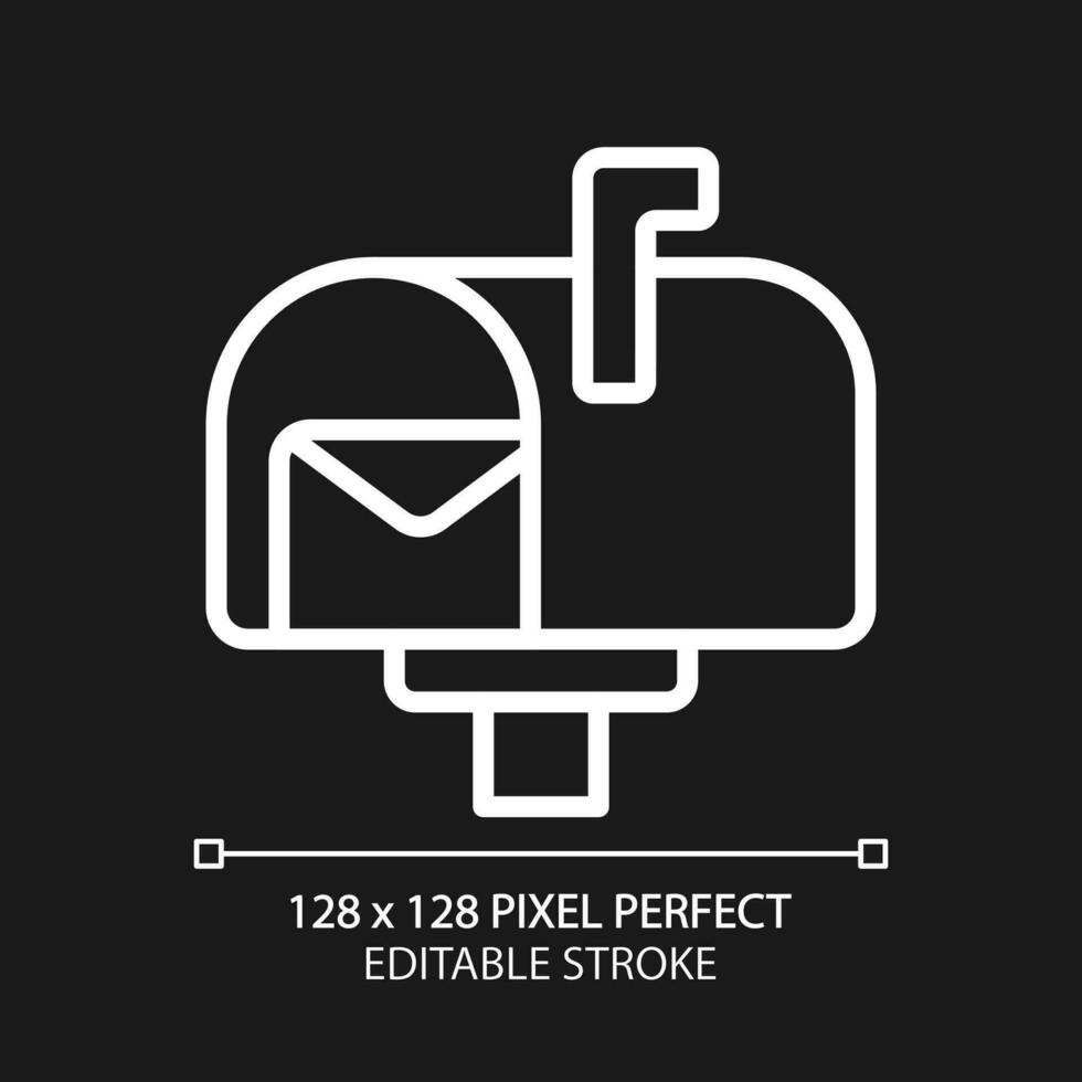 Postal service pixel perfect white linear icon for dark theme. Delivering letters, postcards. Postbox. Written communication. Thin line illustration. Isolated symbol for night mode. Editable stroke vector