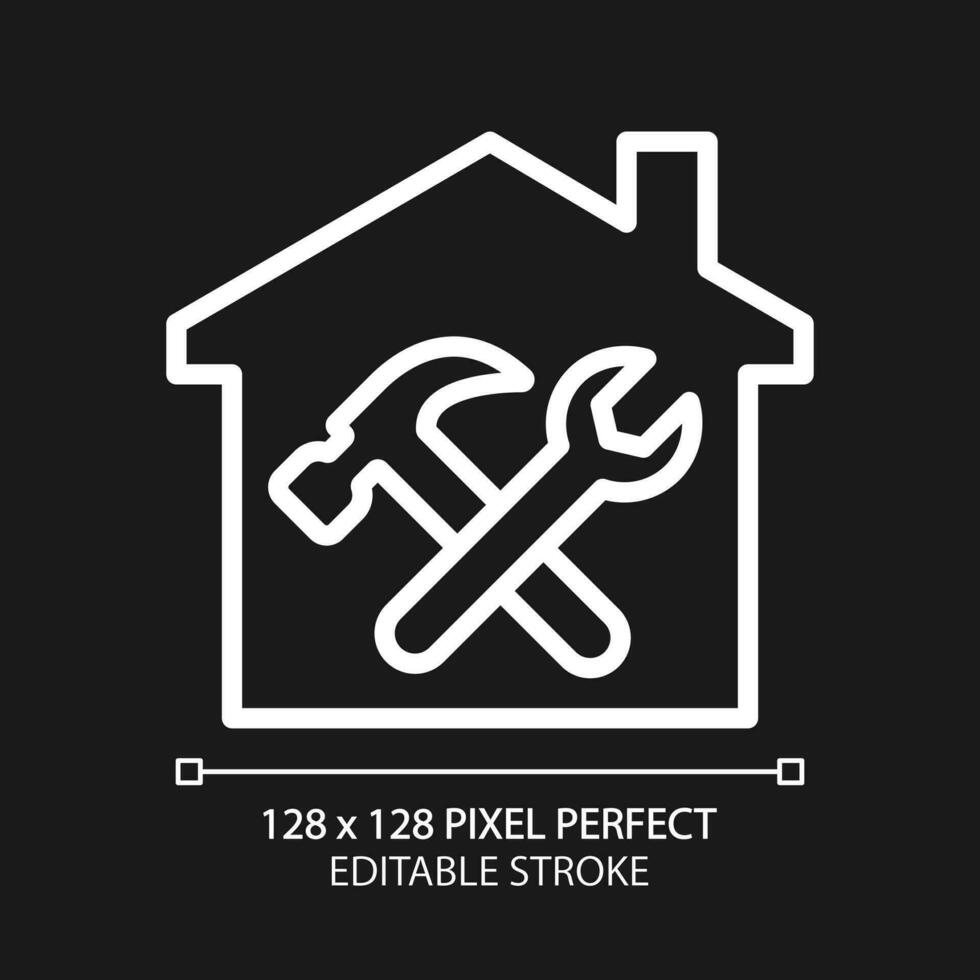 Repair and maintenance pixel perfect white linear icon for dark theme. Building restoration. Renovation service. Thin line illustration. Isolated symbol for night mode. Editable stroke vector