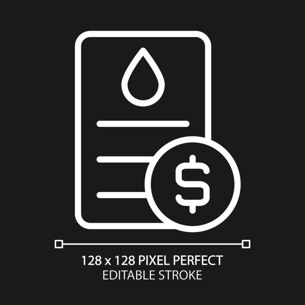 Water bill pixel perfect white linear icon for dark theme. Public utility service payment. Debt for utilities usage. Thin line illustration. Isolated symbol for night mode. Editable stroke vector