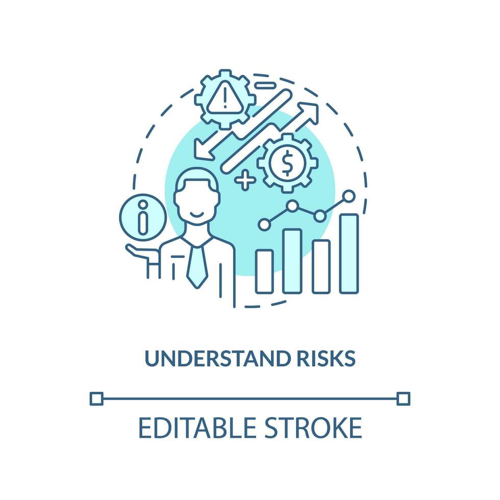 Understand risks turquoise concept icon. Market analyzing. Investment expectation abstract idea thin line illustration. Isolated outline drawing. Editable stroke vector
