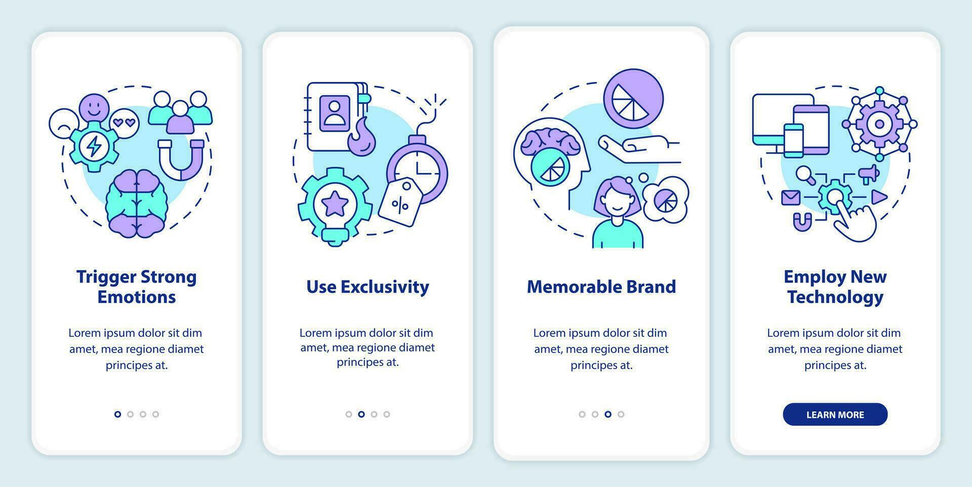 Client emotions and improving experience onboarding mobile app screen. Walkthrough 4 steps editable graphic instructions with linear concepts. UI, UX, GUI templated vector