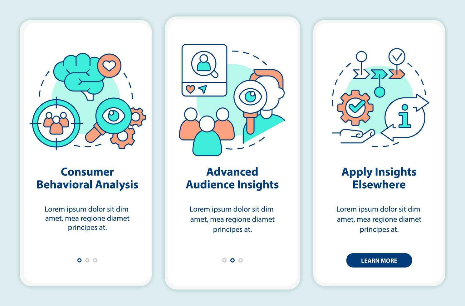 Understand consumer behavior onboarding mobile app screen. Marketing walkthrough 3 steps editable graphic instructions with linear concepts. UI, UX, GUI templated vector