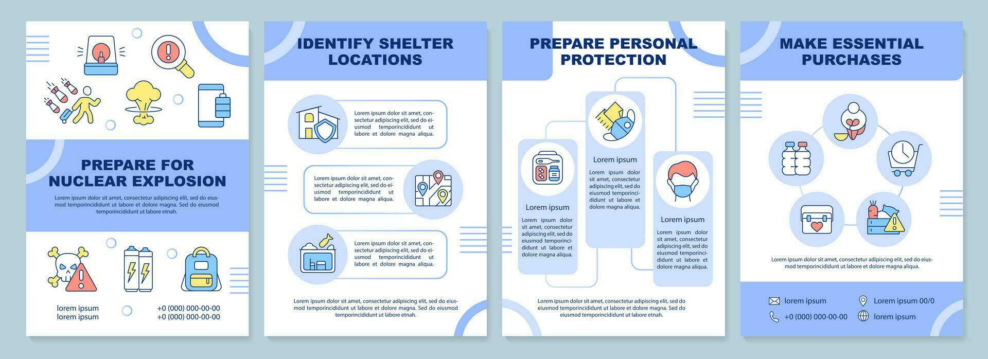 Prepare for nuclear explosion blue brochure template. Leaflet design with linear icons. Editable 4 vector layouts for presentation, annual reports