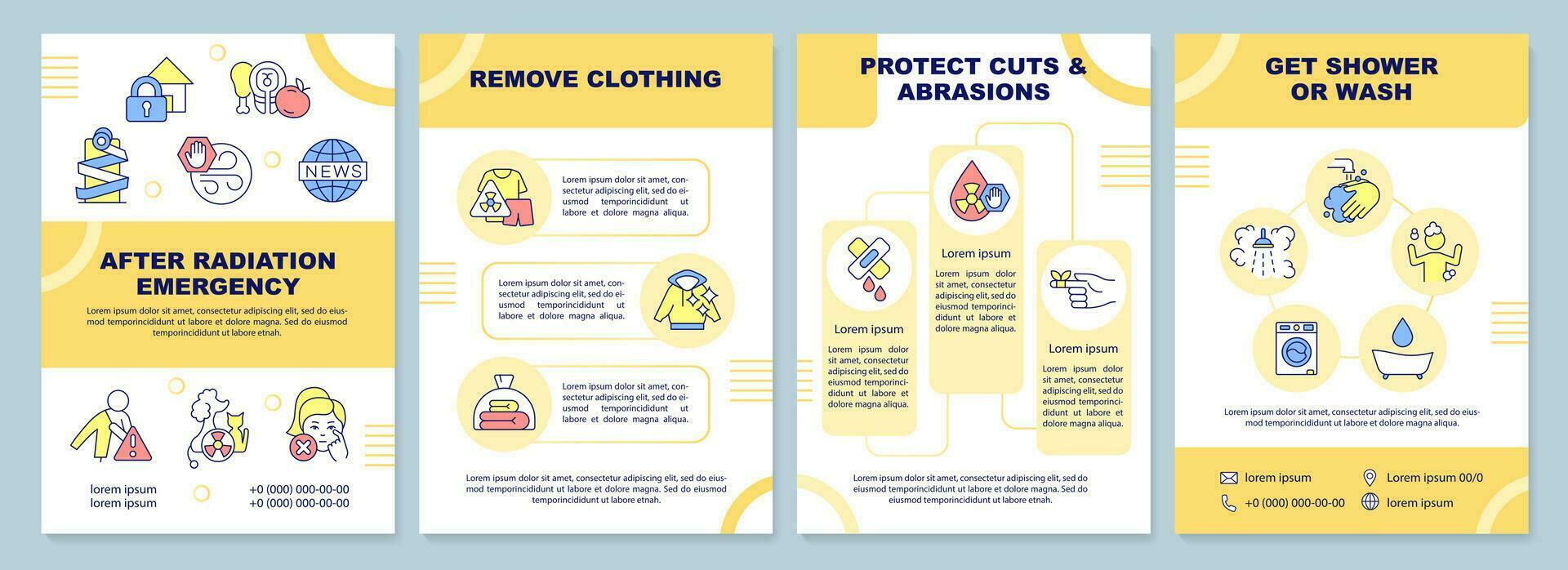 Decontaminate actions yellow brochure template. Radiation. Leaflet design with linear icons. Editable 4 vector layouts for presentation, annual reports