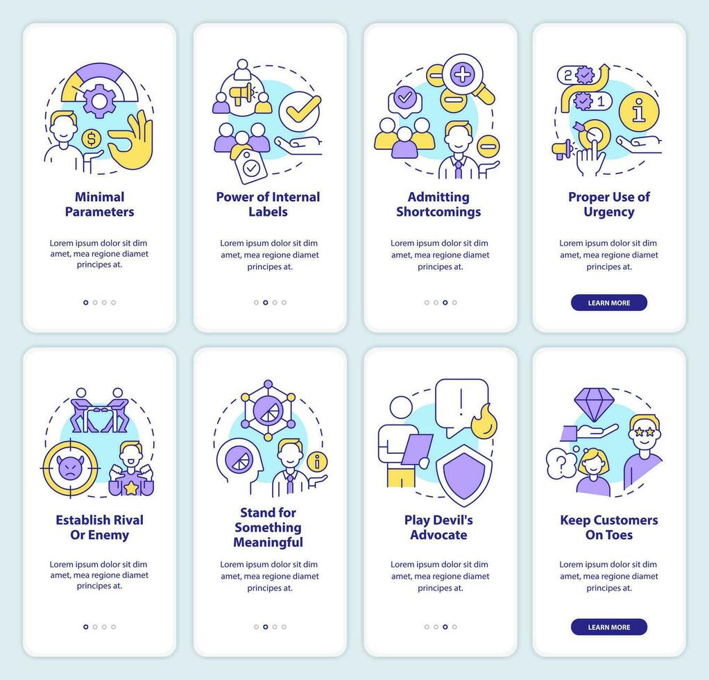 Psychological marketing strategies onboarding mobile app screen set. Walkthrough 4 steps editable graphic instructions with linear concepts. UI, UX, GUI templated vector
