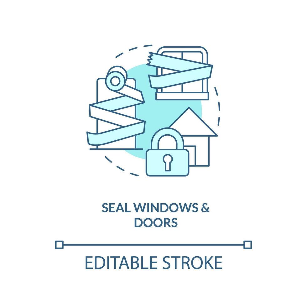 Seal windows and doors turquoise concept icon. Action at home during nuclear accident abstract idea thin line illustration. Isolated outline drawing. Editable stroke vector