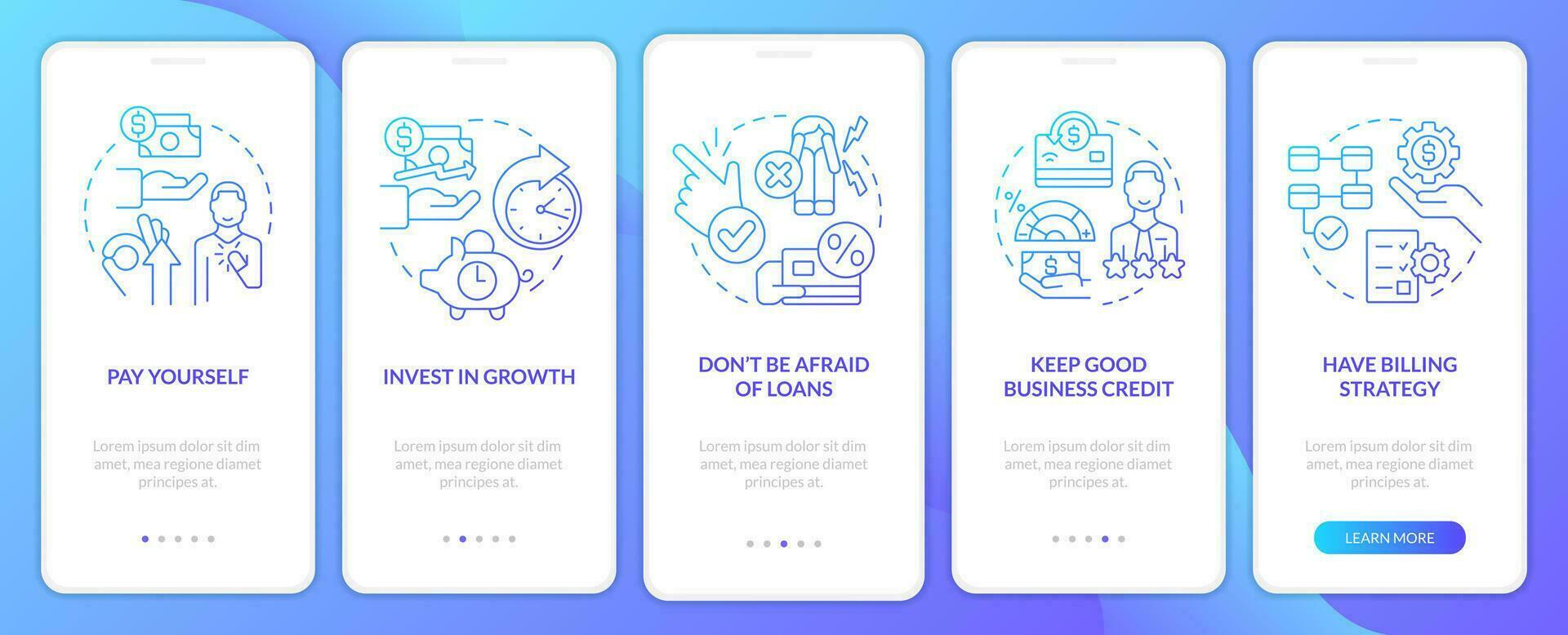 Small business finances tips blue gradient onboarding mobile app screen. Walkthrough 5 steps graphic instructions with linear concepts. UI, UX, GUI templated vector