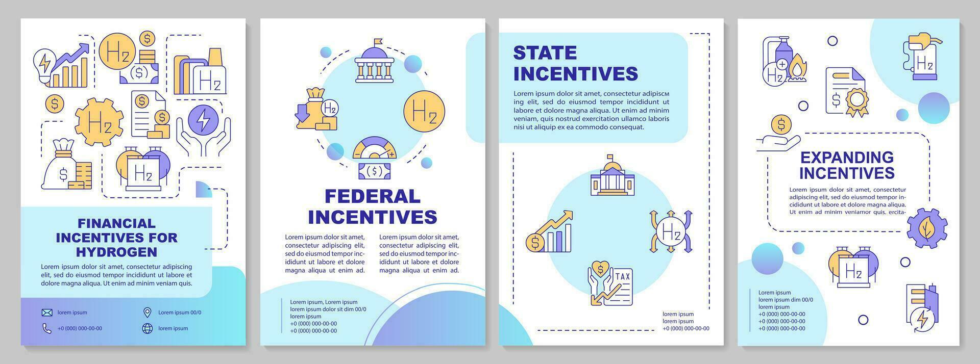 Hydrogen financial incentives blue brochure template. Carbon free economy. Leaflet design with linear icons. Editable 4 vector layouts for presentation, annual reports