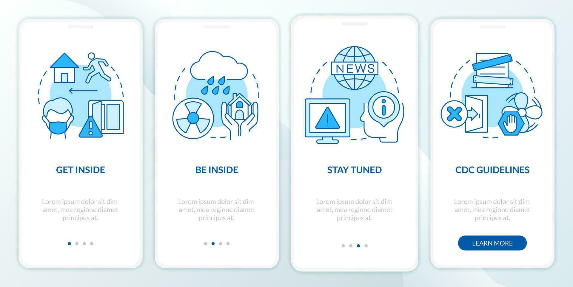 Survive during nuclear explosion blue onboarding mobile app screen. Walkthrough 4 steps editable graphic instructions with linear concepts. UI, UX, GUI templated vector