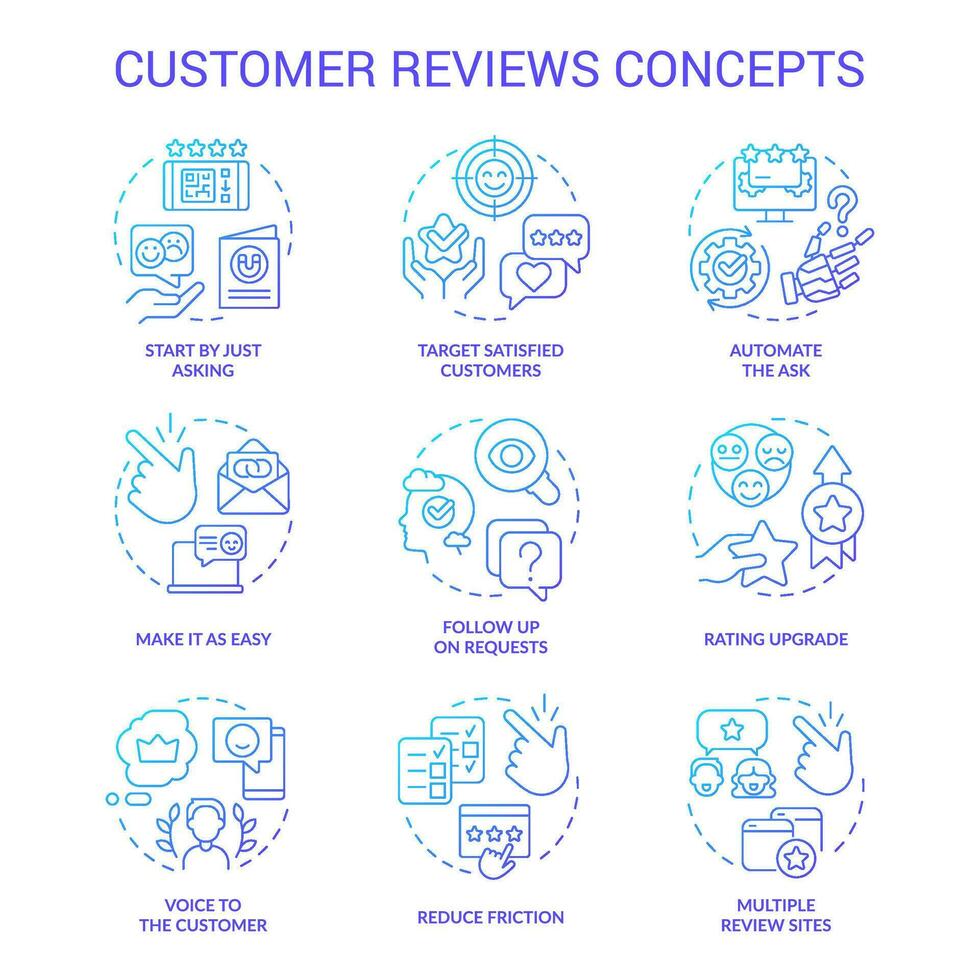 Customer reviews blue gradient concept icons set. Product marketing idea thin line color illustrations. Satisfied client feedback. Isolated symbols vector