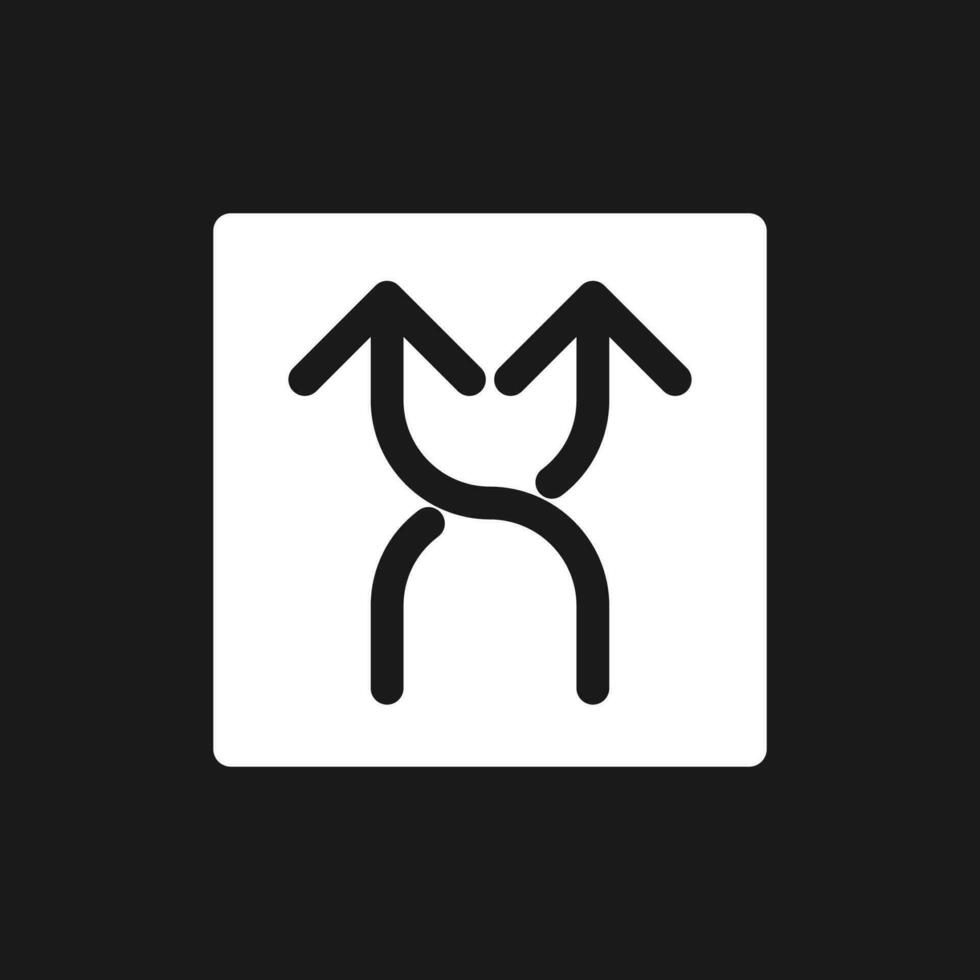 Highway intersection ahead arrows dark mode glyph ui icon. Road sign. User interface design. White silhouette symbol on black space. Solid pictogram for web, mobile. Vector isolated illustration