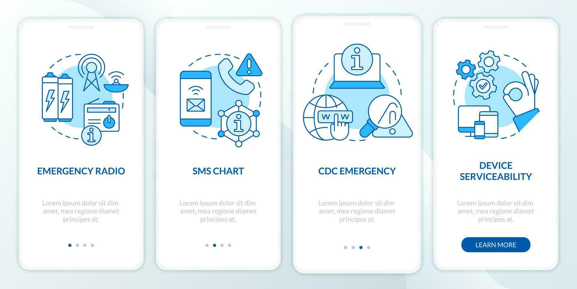 Ways to stay tuned blue onboarding mobile app screen. Nuclear disaster walkthrough 5 steps editable graphic instructions with linear concepts. UI, UX, GUI templated vector