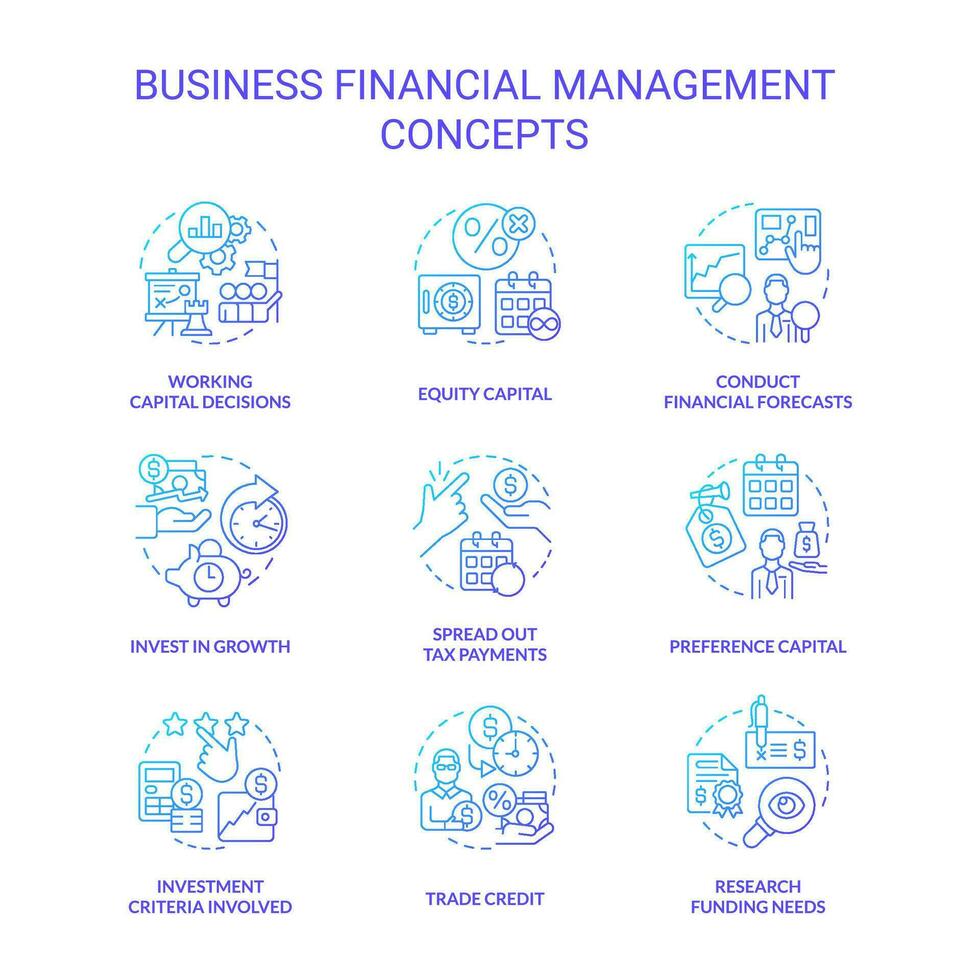 Business financial management blue gradient concept icons set. Enterprise strategy and approach idea thin line color illustrations. Isolated symbols vector