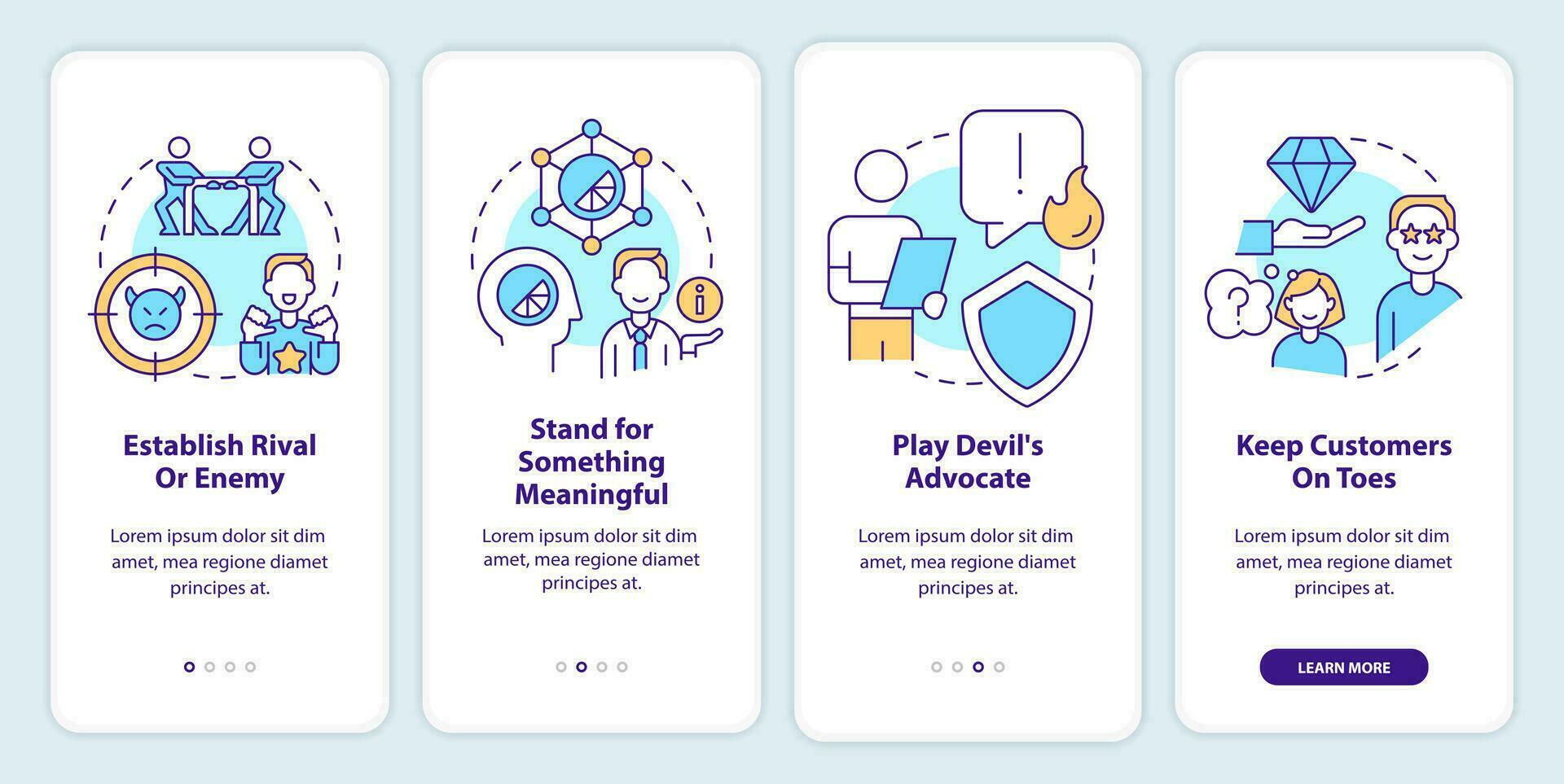 Attract more consumers onboarding mobile app screen. Client retention walkthrough 4 steps editable graphic instructions with linear concepts. UI, UX, GUI templated vector