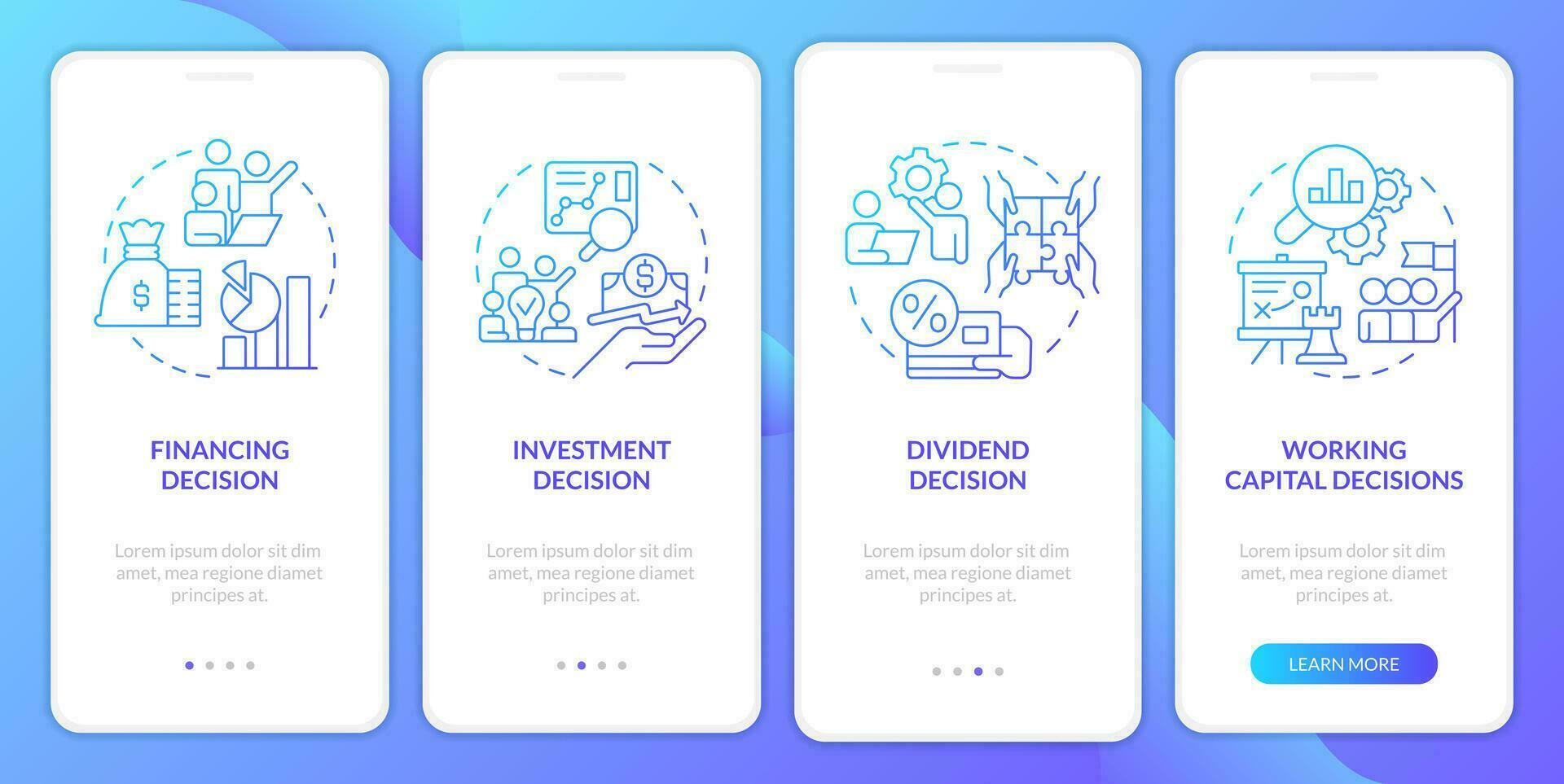 Types of financial decisions blue gradient onboarding mobile app screen. Walkthrough 4 steps graphic instructions with linear concepts. UI, UX, GUI templated vector