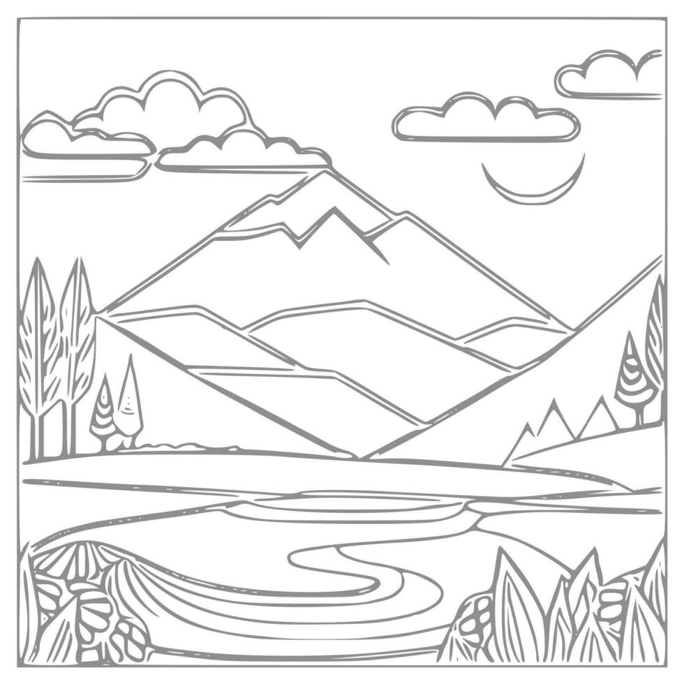Landscape Coloring book, mountains and river. vector