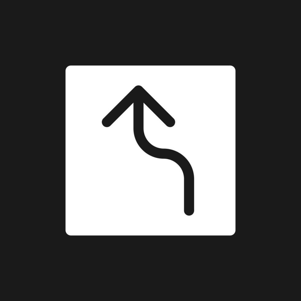 Left reverse turn arrow dark mode glyph ui icon. Destination. Road sign. User interface design. White silhouette symbol on black space. Solid pictogram for web, mobile. Vector isolated illustration
