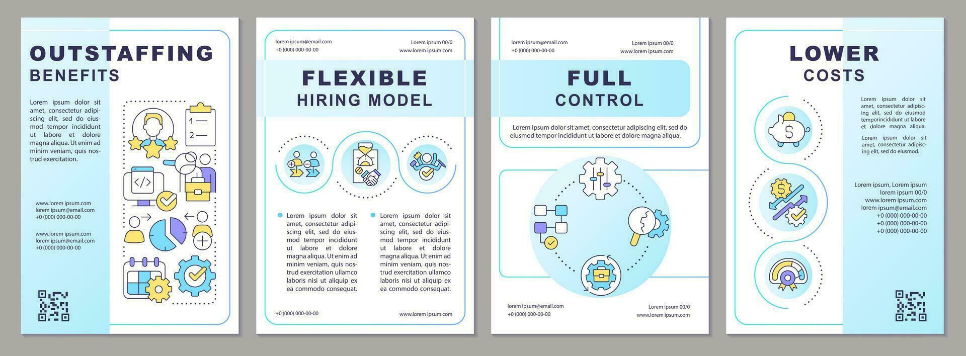 Outstaffing advantages blue gradient brochure template. Economy. Full control. Leaflet design with linear icons. 4 vector layouts for presentation, annual reports