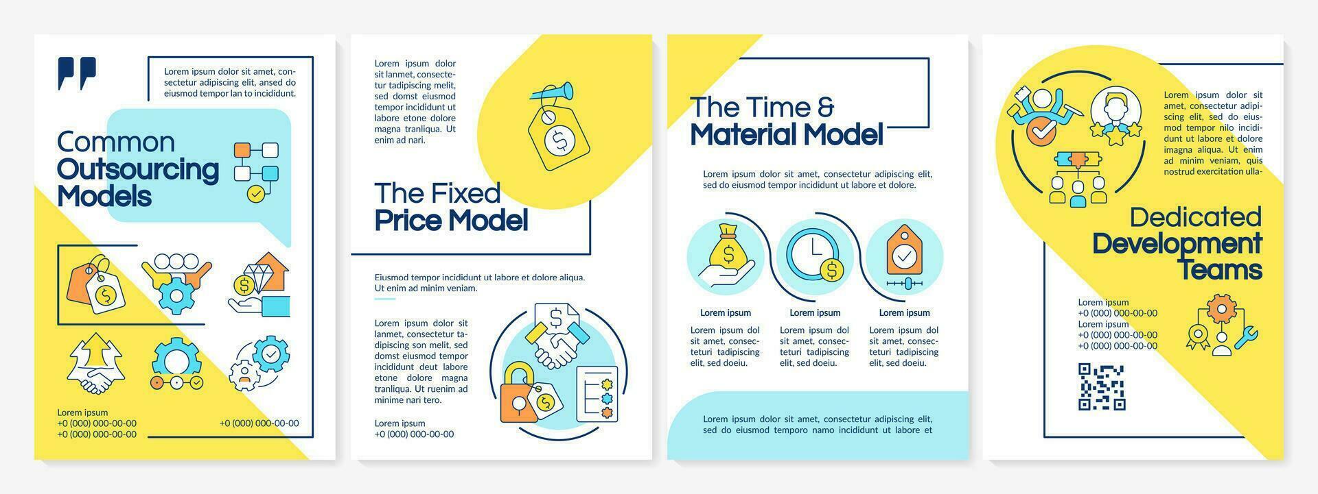 Outsourcing contracts types blue and yellow brochure template. Leaflet design with linear icons. Editable 4 vector layouts for presentation, annual reports