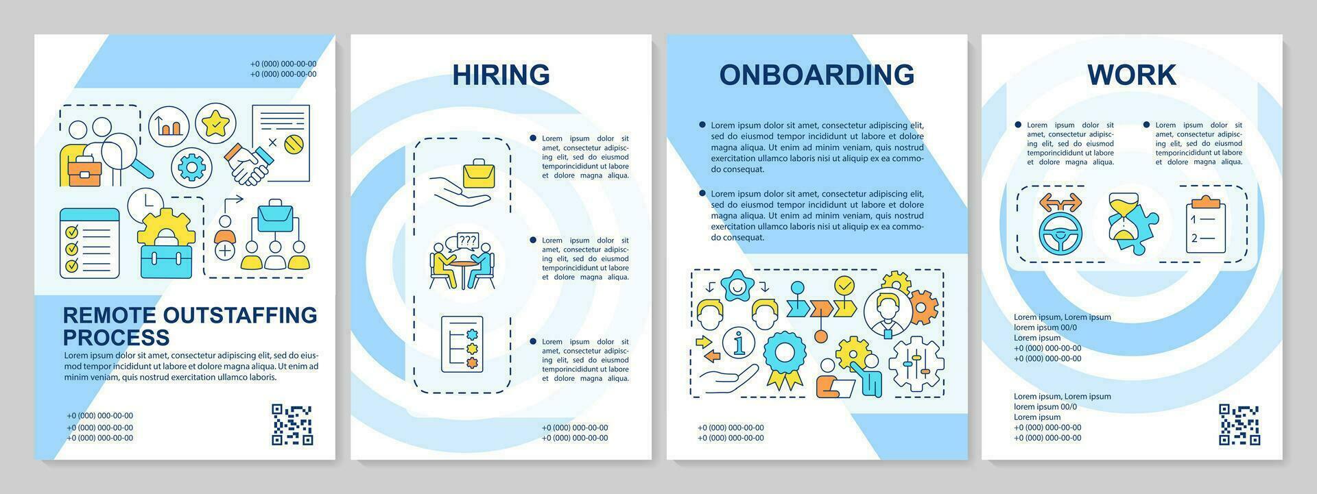 Hiring staff remotely blue brochure template. Outstaffing practice. Leaflet design with linear icons. Editable 4 vector layouts for presentation, annual reports