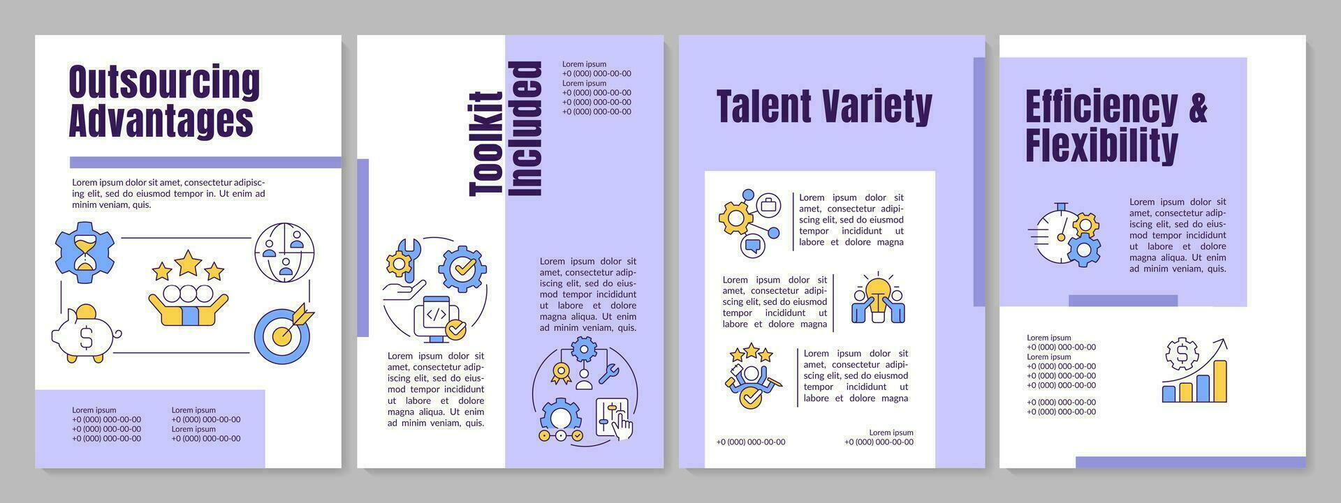 Outsourcing benefits purple brochure template. Efficiency, flexibility. Leaflet design with linear icons. Editable 4 vector layouts for presentation, annual reports