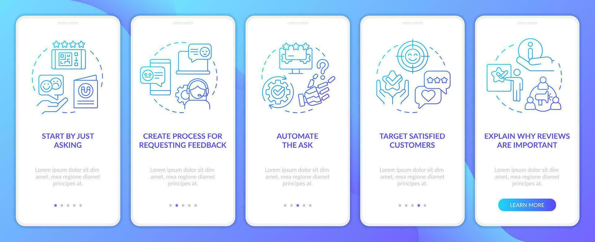 Getting good product reviews blue gradient onboarding mobile app screen. Walkthrough 5 steps graphic instructions with linear concepts. UI, UX, GUI template vector