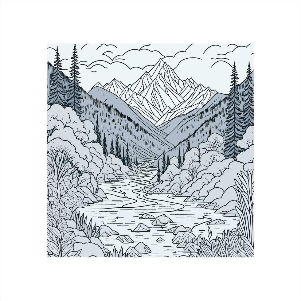 Coloring book . Lovely landscape, river and mountains. vector