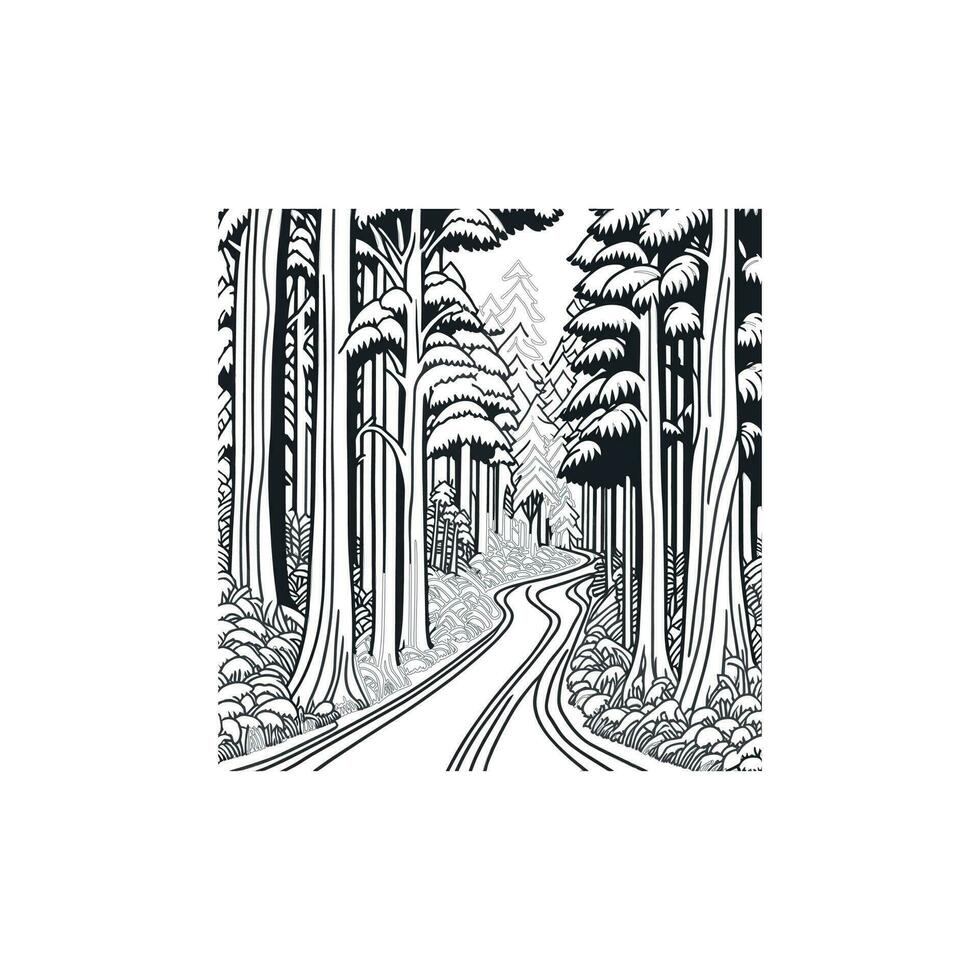 A dirt road through the forest, line art. vector