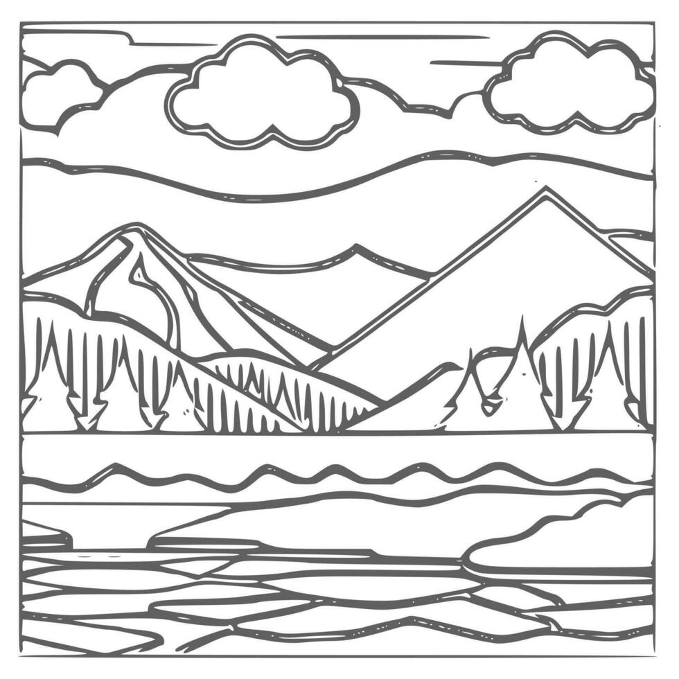 Landscape Coloring book, mountains and river. vector