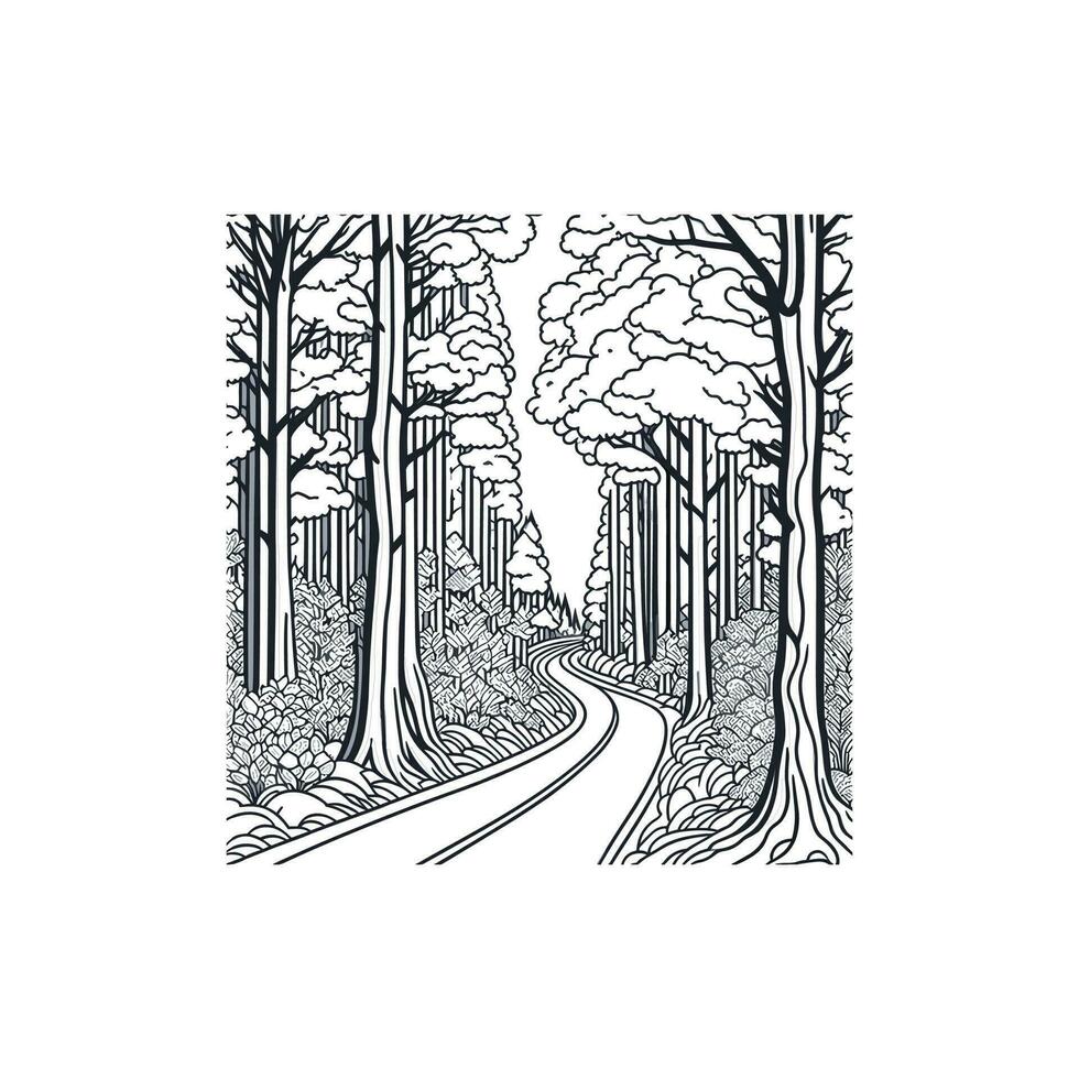 A dirt road through the forest, line art. vector