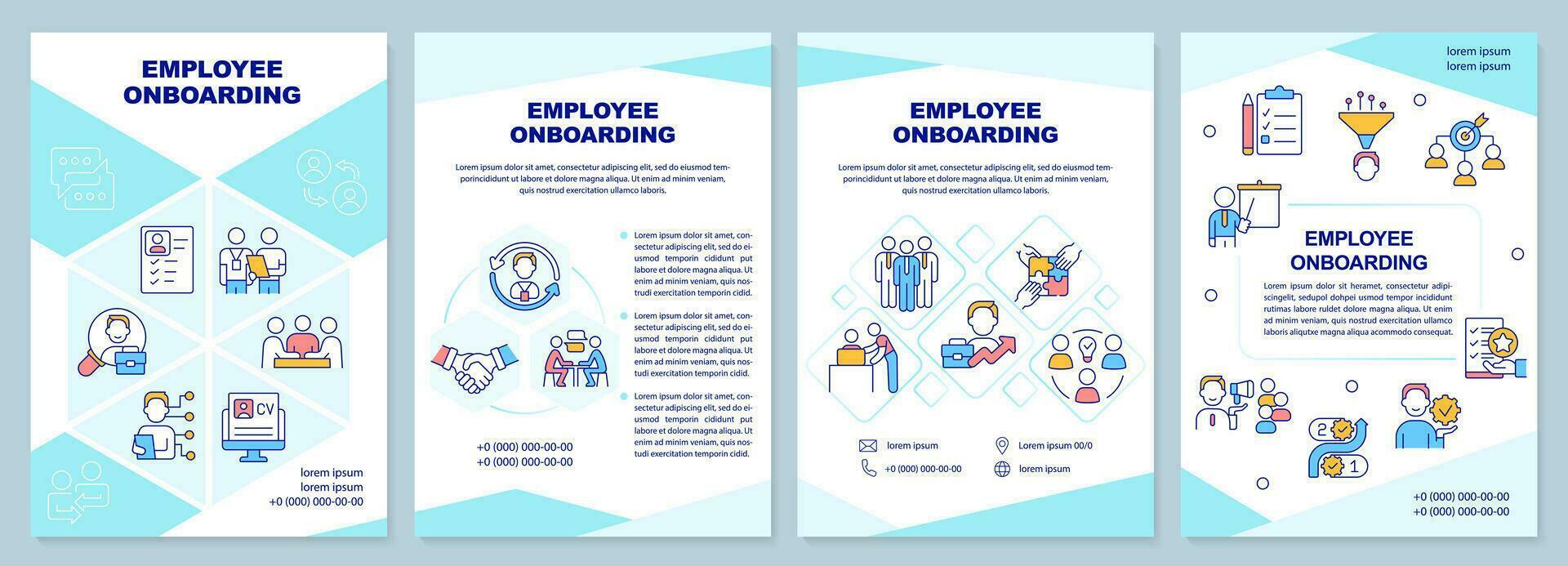 Employee onboarding turquoise brochure template. Adaptation. Leaflet design with linear icons. Editable 4 vector layouts for presentation, annual reports