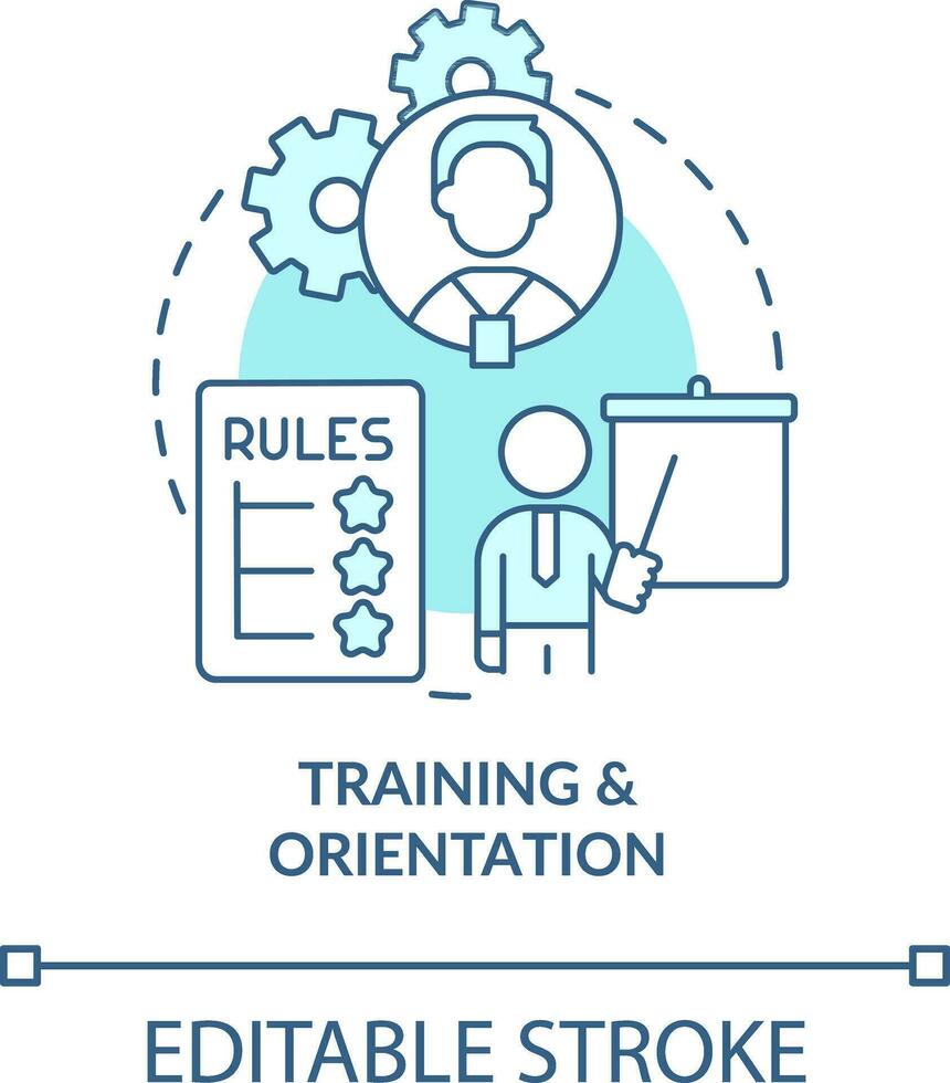 Training and orientation turquoise concept icon. Company rules. Onboarding process abstract idea thin line illustration. Isolated outline drawing. Editable stroke vector