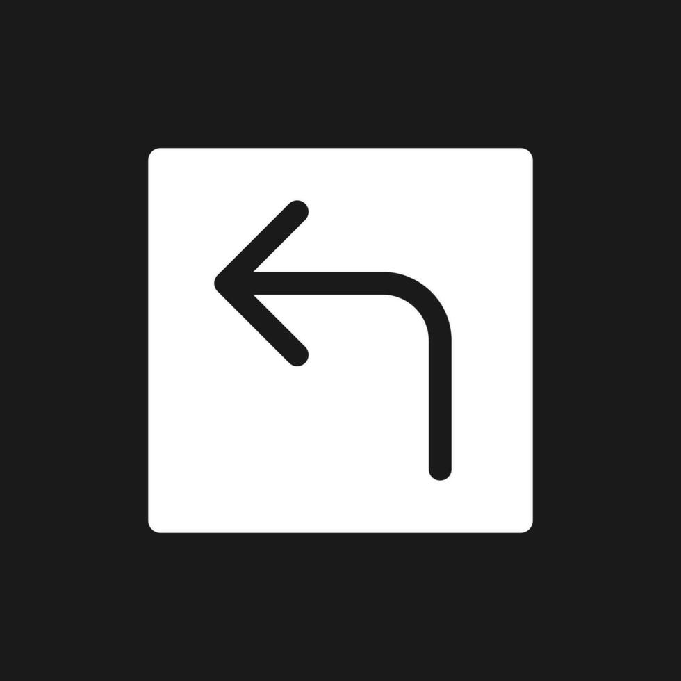 Left turn arrow dark mode glyph ui icon. Destination. Road sign. User interface design. White silhouette symbol on black space. Solid pictogram for web, mobile. Vector isolated illustration