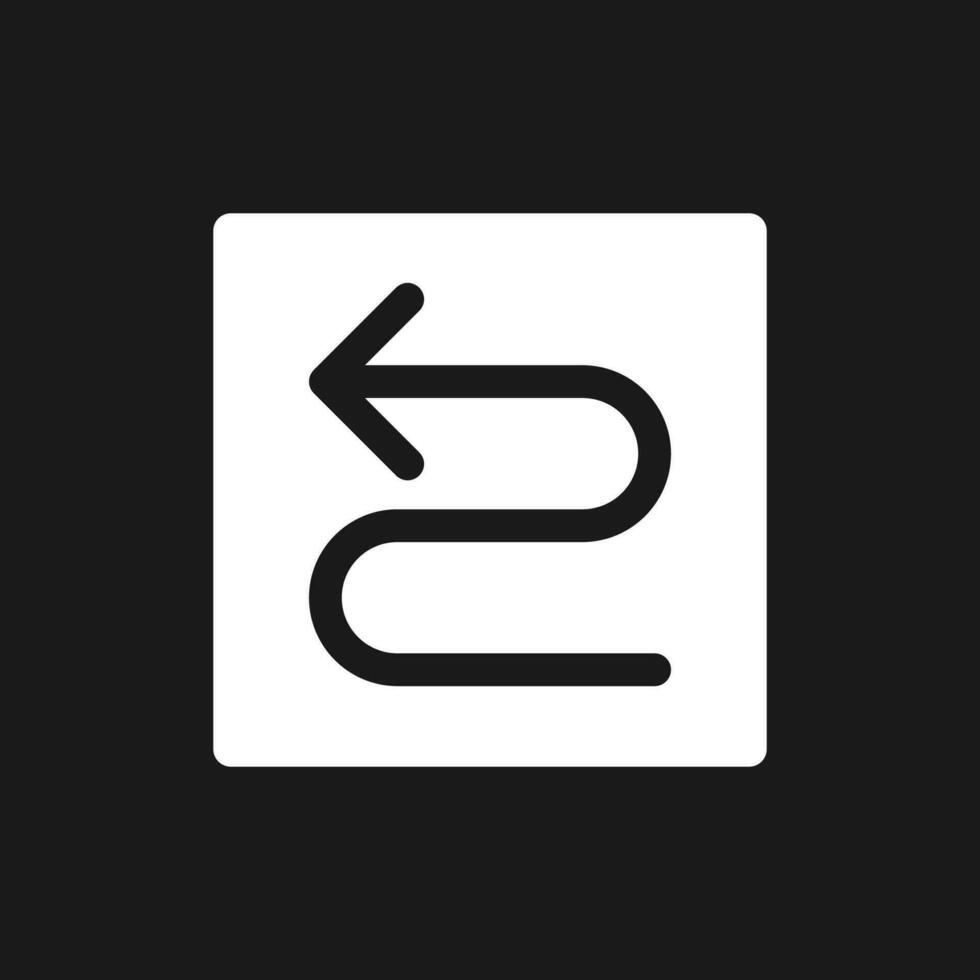 Left winding road arrow dark mode glyph ui icon. Road sign. Finding route. User interface design. White silhouette symbol on black space. Solid pictogram for web, mobile. Vector isolated illustration