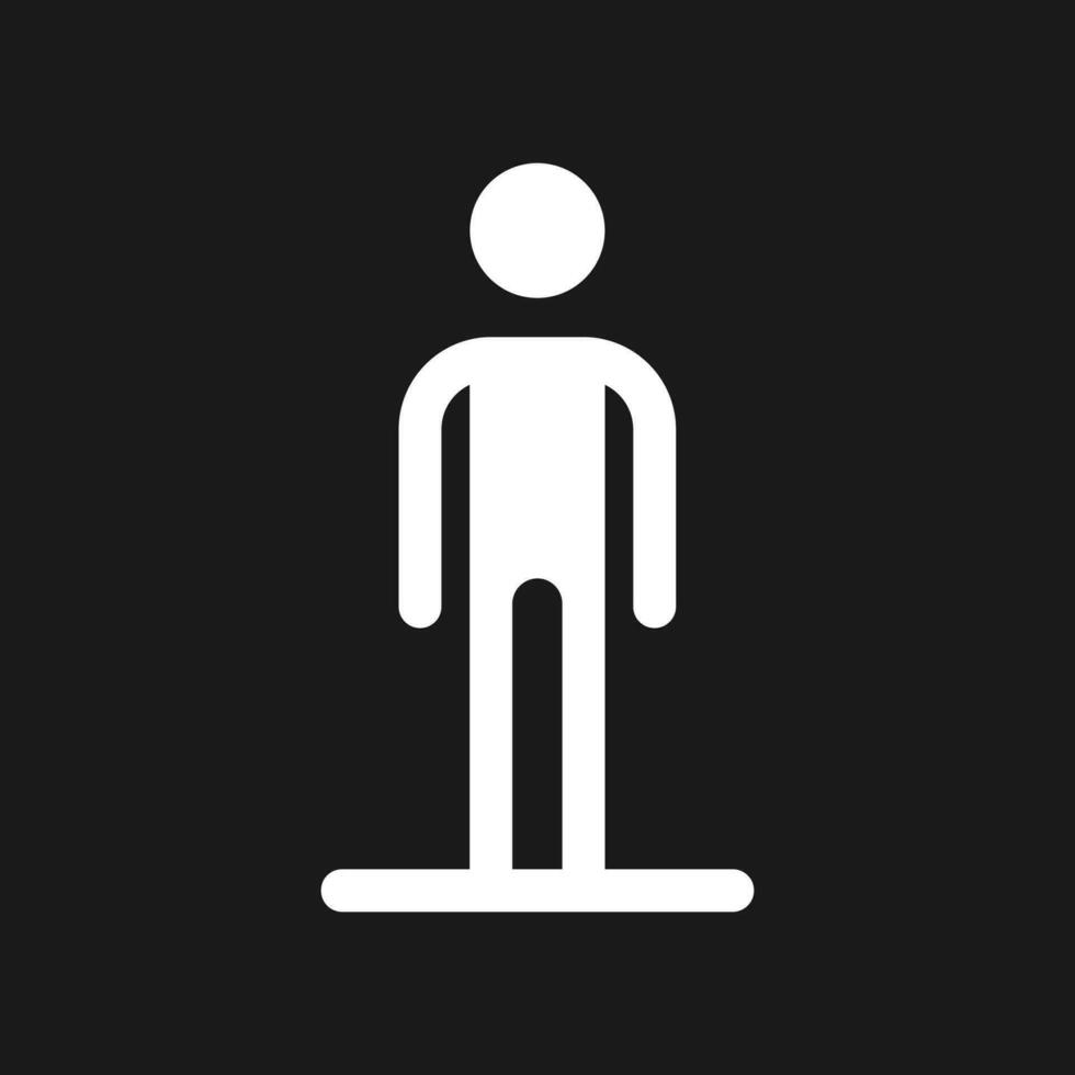 Standing pedestrian dark mode glyph ui icon. Person waiting to cross road. User interface design. White silhouette symbol on black space. Solid pictogram for web, mobile. Vector isolated illustration