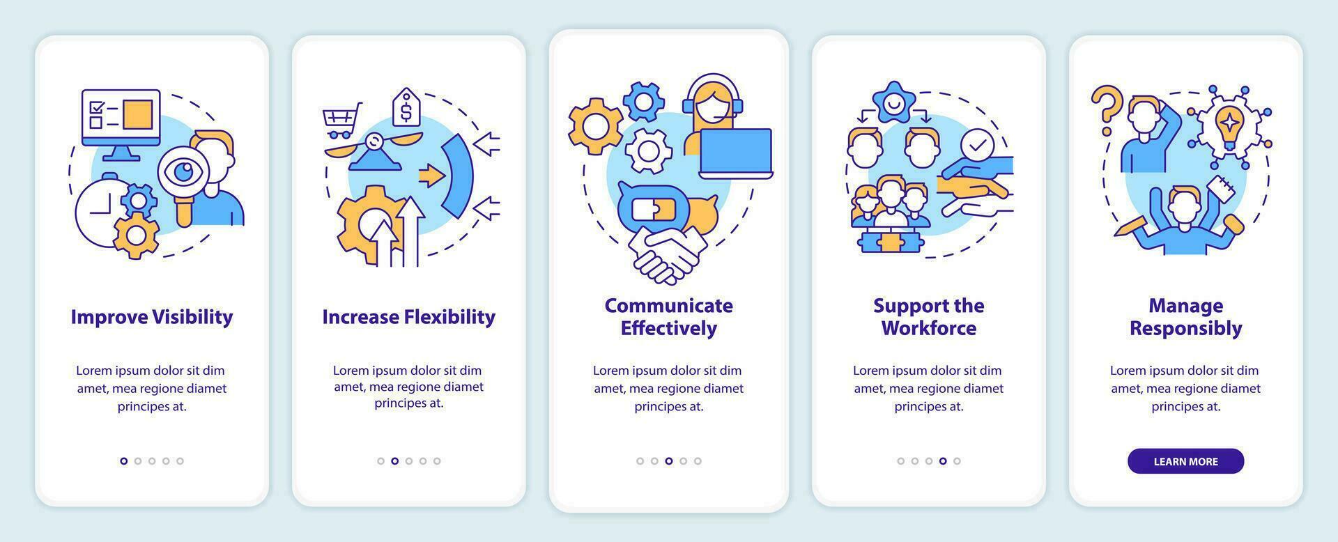 Addressing covid impact on logistics onboarding mobile app screen. Walkthrough 5 steps editable graphic instructions with linear concepts. UI, UX, GUI template vector