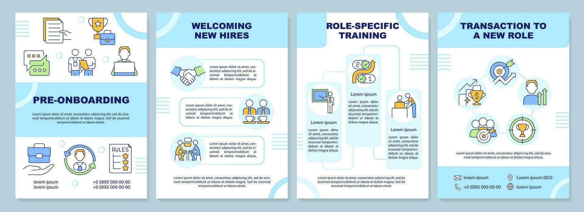 Onboarding phases blue brochure template. Job joining. Leaflet design with linear icons. Editable 4 vector layouts for presentation, annual reports