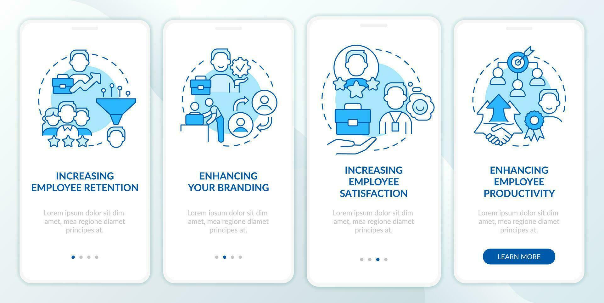 Adaptation challenges blue onboarding mobile app screen. Team joining walkthrough 4 steps editable graphic instructions with linear concepts. UI, UX, GUI template vector