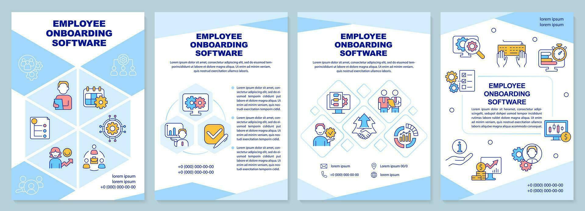 Employee onboarding software blue brochure template. Leaflet design with linear icons. Editable 4 vector layouts for presentation, annual reports