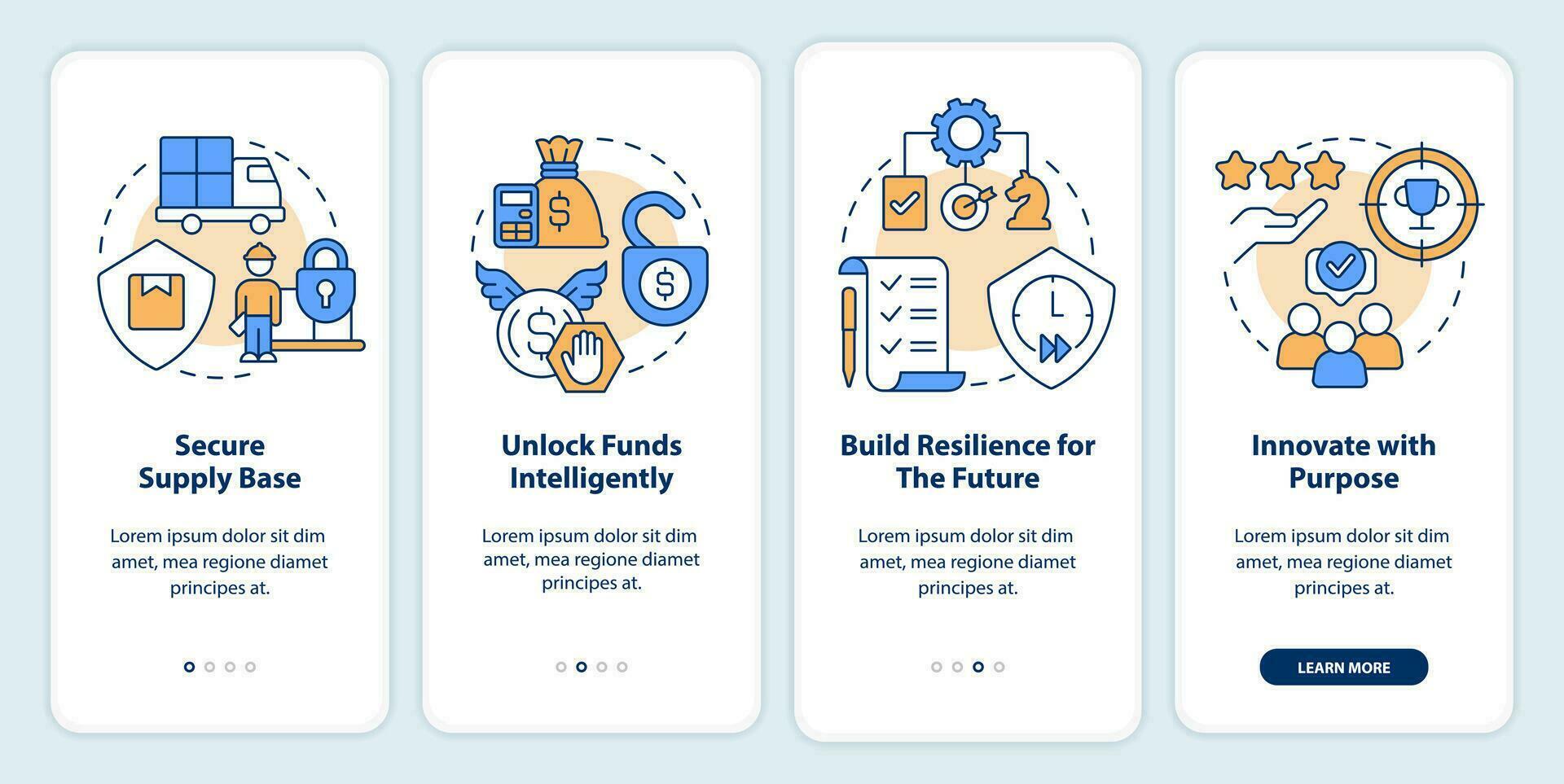 Immediate attention areas onboarding mobile app screen. SCM walkthrough 4 steps editable graphic instructions with linear concepts. UI, UX, GUI template vector