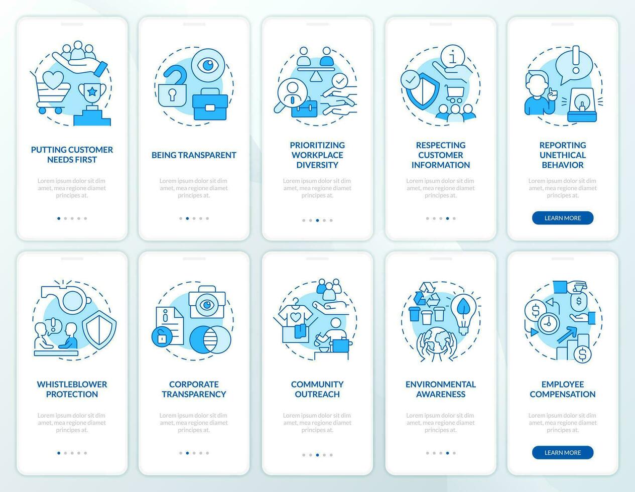 Moral standards to business blue onboarding mobile app screen set. Walkthrough 5 steps editable graphic instructions with linear concepts. UI, UX, GUI template vector