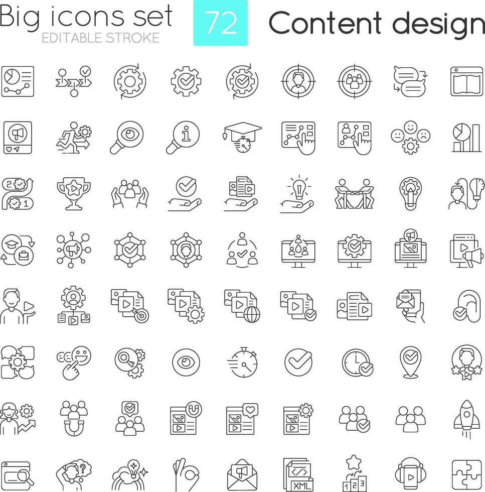 Content design linear icons set. Creating materials for business promotion. Customizable thin line symbols. Isolated vector outline illustrations. Editable stroke
