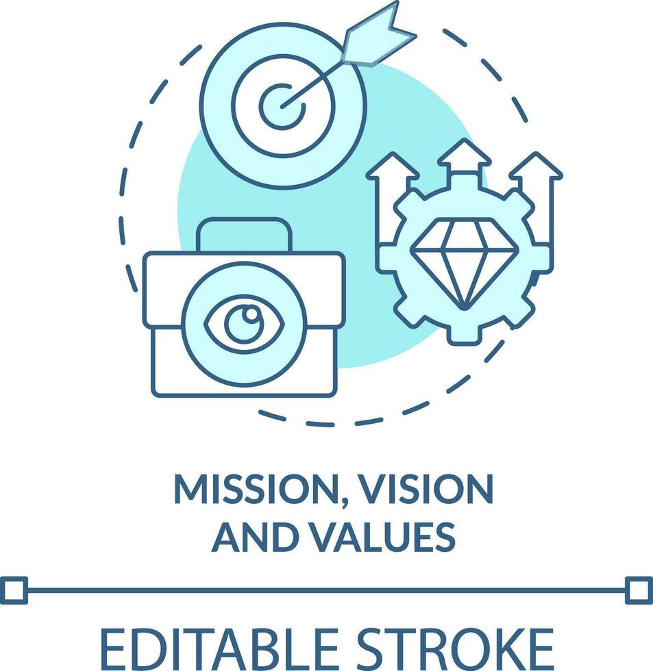 Mission, vision and values turquoise concept icon. Affecting workplace culture abstract idea thin line illustration. Isolated outline drawing. Editable stroke vector