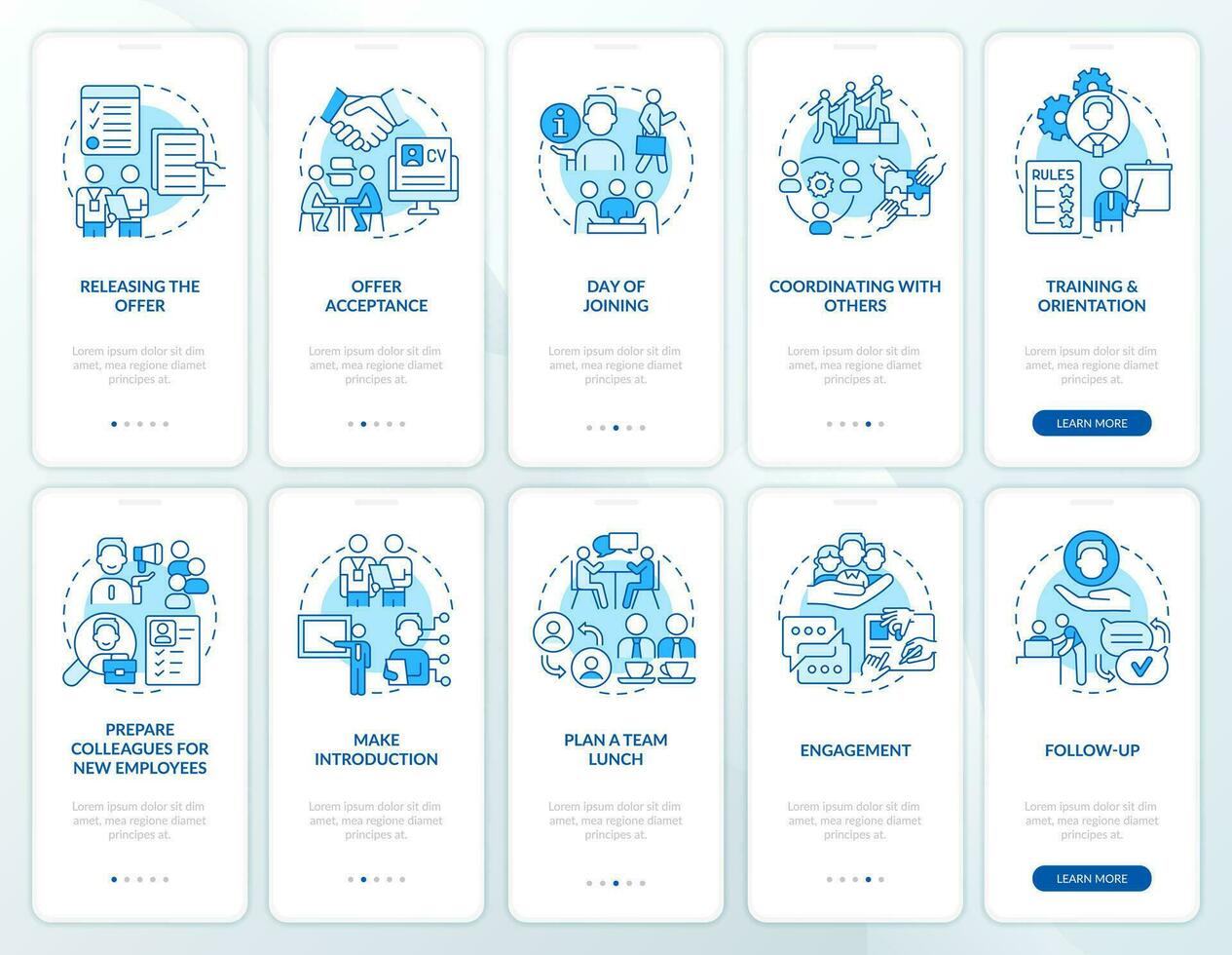 Developing employee integration blue onboarding mobile app screen set. Walkthrough 5 steps editable graphic instructions with linear concepts. UI, UX, GUI template vector