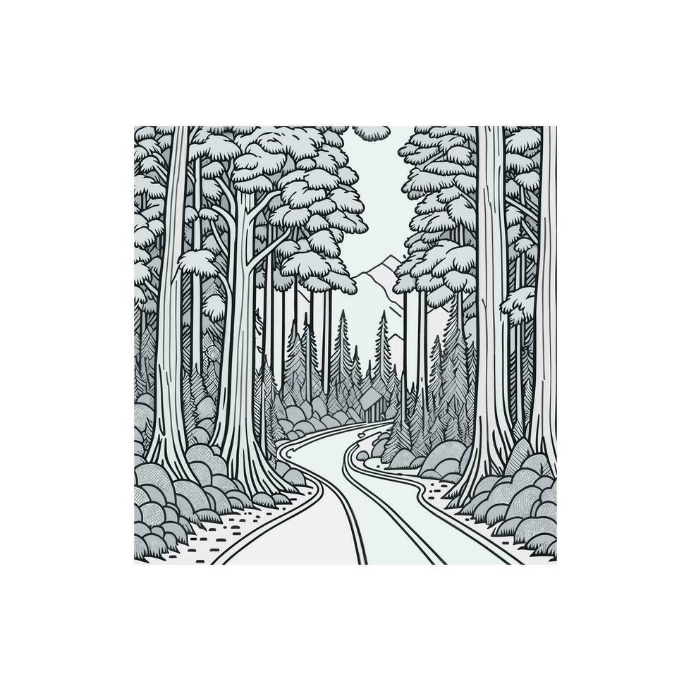 A dirt road through the forest, line art. vector