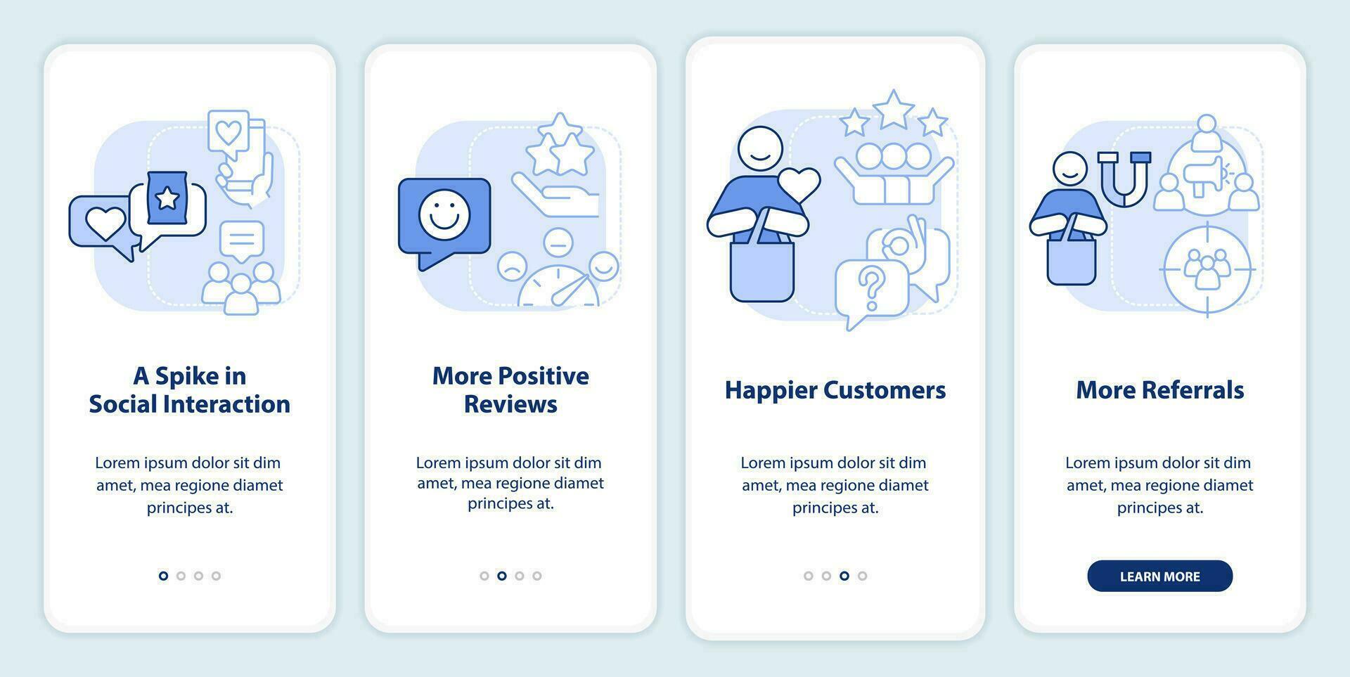 Tracking customer engagement light blue onboarding mobile app screen. Walkthrough 4 steps editable graphic instructions with linear concepts. UI, UX, GUI template vector