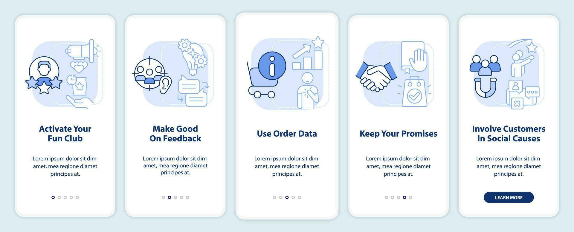 Customer engagement methods light blue onboarding mobile app screen. Walkthrough 5 steps editable graphic instructions with linear concepts. UI, UX, GUI template vector