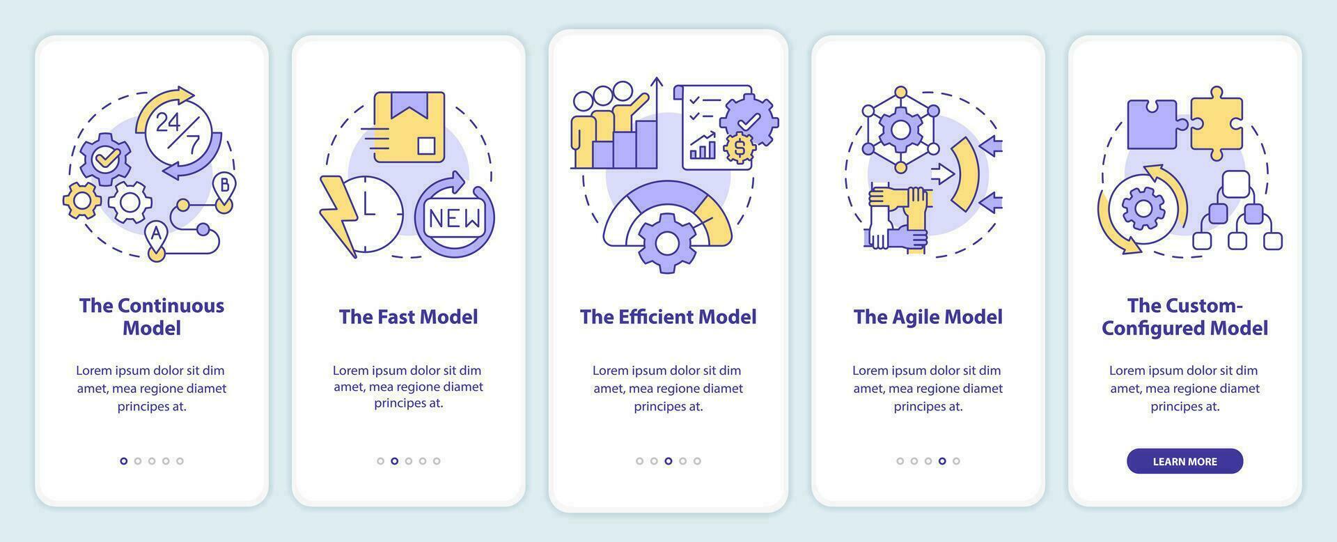 Supply chain models onboarding mobile app screen. Industry walkthrough 5 steps editable graphic instructions with linear concepts. UI, UX, GUI template vector